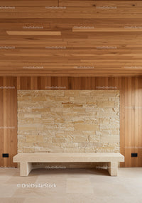 Modern Interior with Wooden Ceiling, Stone Wall Accent and Beige Flooring