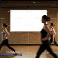Women practicing yoga lunges in studio with light board