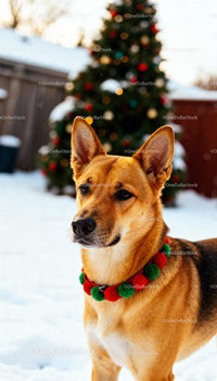 Alert dog with festive collar in snowy yard