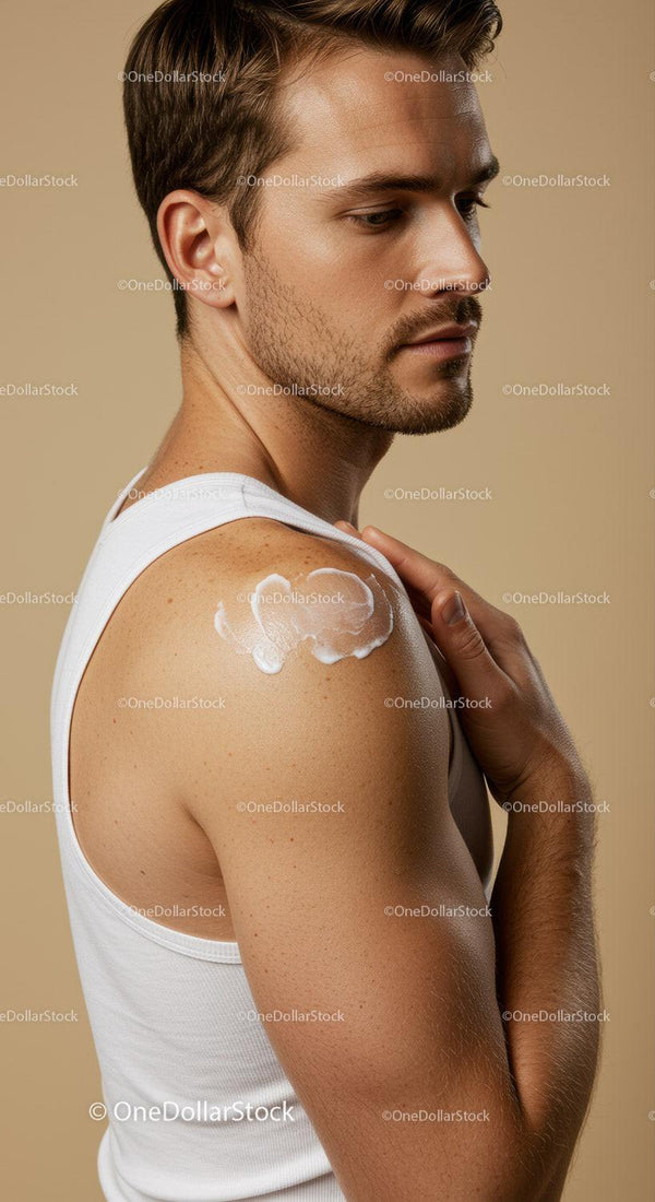 Male Applying Sunscreen Lotion to Shoulder for Sun Protection