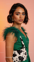Elegant Woman in Green Feathered Dress with Cow Print Bag