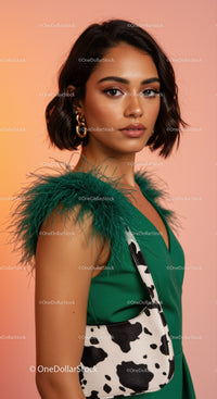 Elegant Woman in Green Feathered Dress with Cow Print Bag