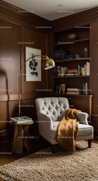Cozy reading nook with tufted chair and wooden shelves