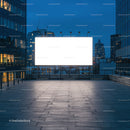 Empty illuminated billboard on modern urban rooftop at dusk