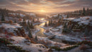 Sunset Over Serene Winter River and Snowy Pines