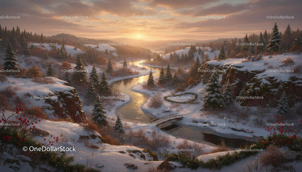 Sunset Over Serene Winter River and Snowy Pines