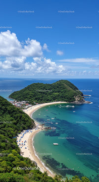 Scenic Tropical Beach with Lush Green Hills and Turquoise Water