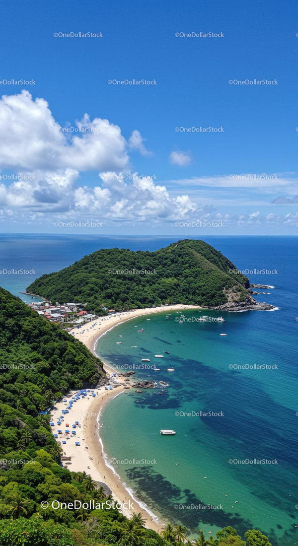 Scenic Tropical Beach with Lush Green Hills and Turquoise Water