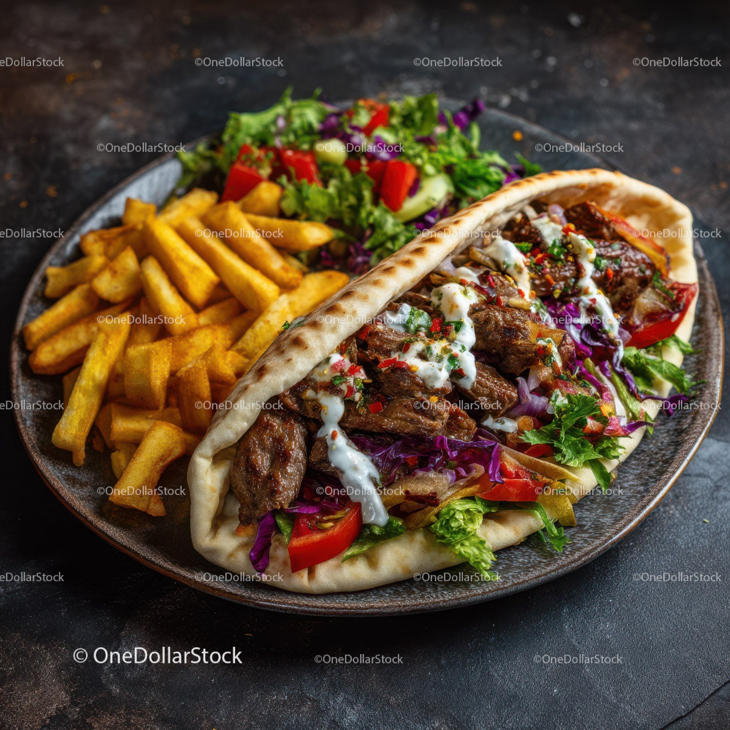 Beef Gyro Sandwich with Fresh Salad and French Fries