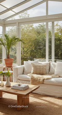 Cozy sunlit living room with greenery view