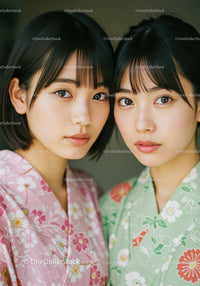 Young Women in Floral Kimono Yukata Celebrating Summer Festival