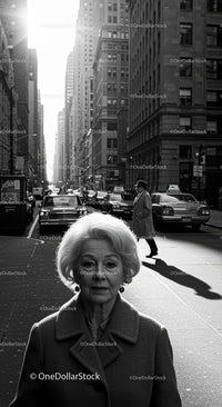 Elderly Woman in Busy City Street Surrounded by Vintage Cars