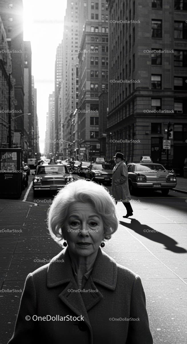 Elderly Woman in Busy City Street Surrounded by Vintage Cars