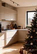 Cozy modern kitchen with decorated Christmas tree and gifts