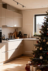 Cozy modern kitchen with decorated Christmas tree and gifts