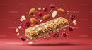 Healthy granola bar with almonds and cranberries flying