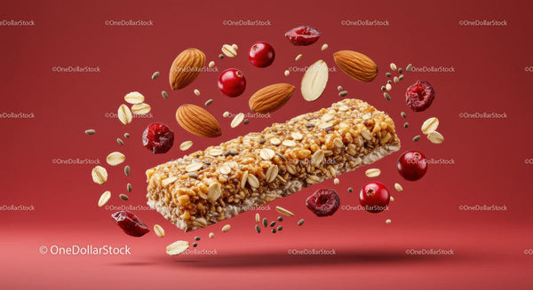 Zdrowy baton granola z migdałami i żurawiną w locie