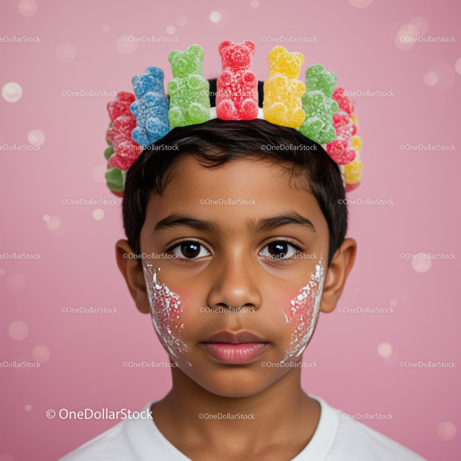 Child Wearing Colorful Gummy Bear Crown with Painted Face