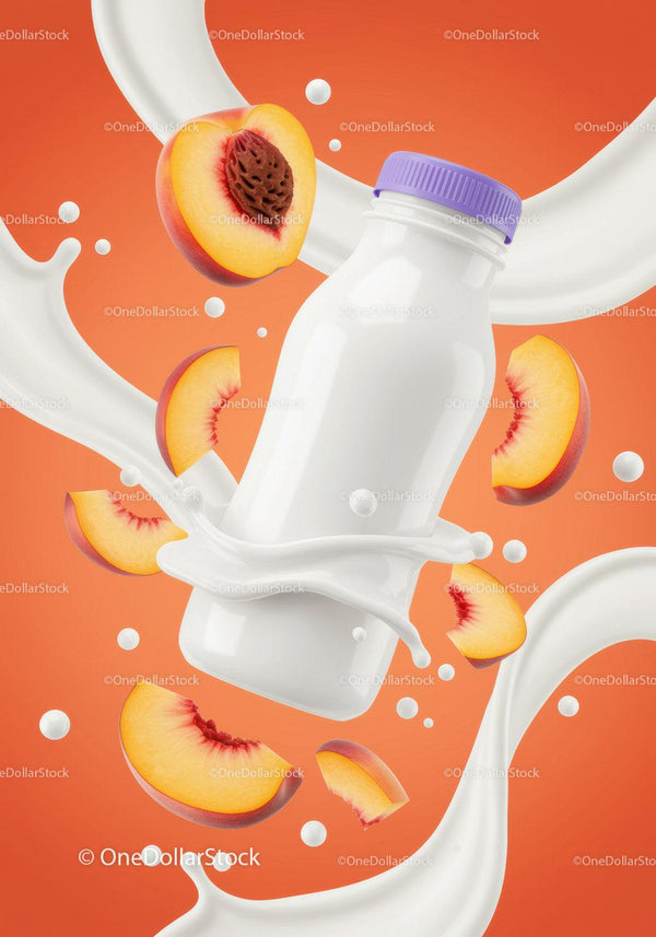 Peach yogurt bottle surrounded by creamy milk splashes JPG Mockup Image