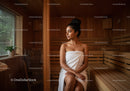 Relaxing Woman Sitting in Sauna with Towel in Warm Wooden Interior