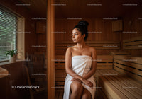 Relaxing Woman Sitting in Sauna with Towel in Warm Wooden Interior