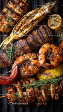 Delicious Assorted Grilled Seafood and Meat Skewers on BBQ Grill