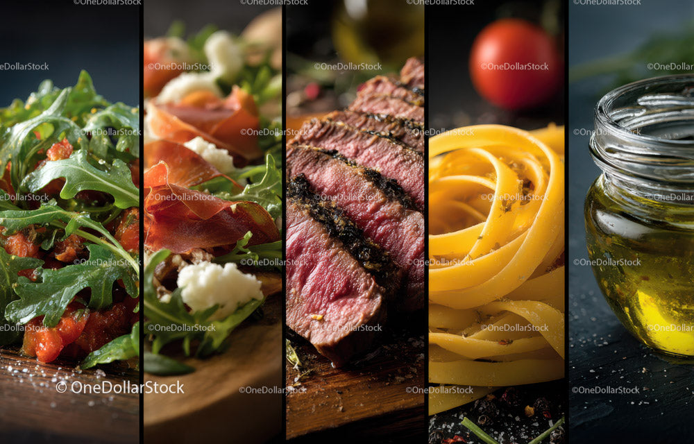 Sałatka gourmet Stek Szpinak Makaron Oliwa z oliwek Zbliżenie