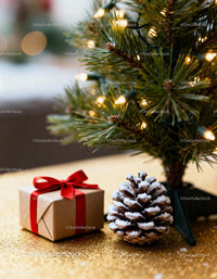 Gift box and pinecone under Christmas tree lights