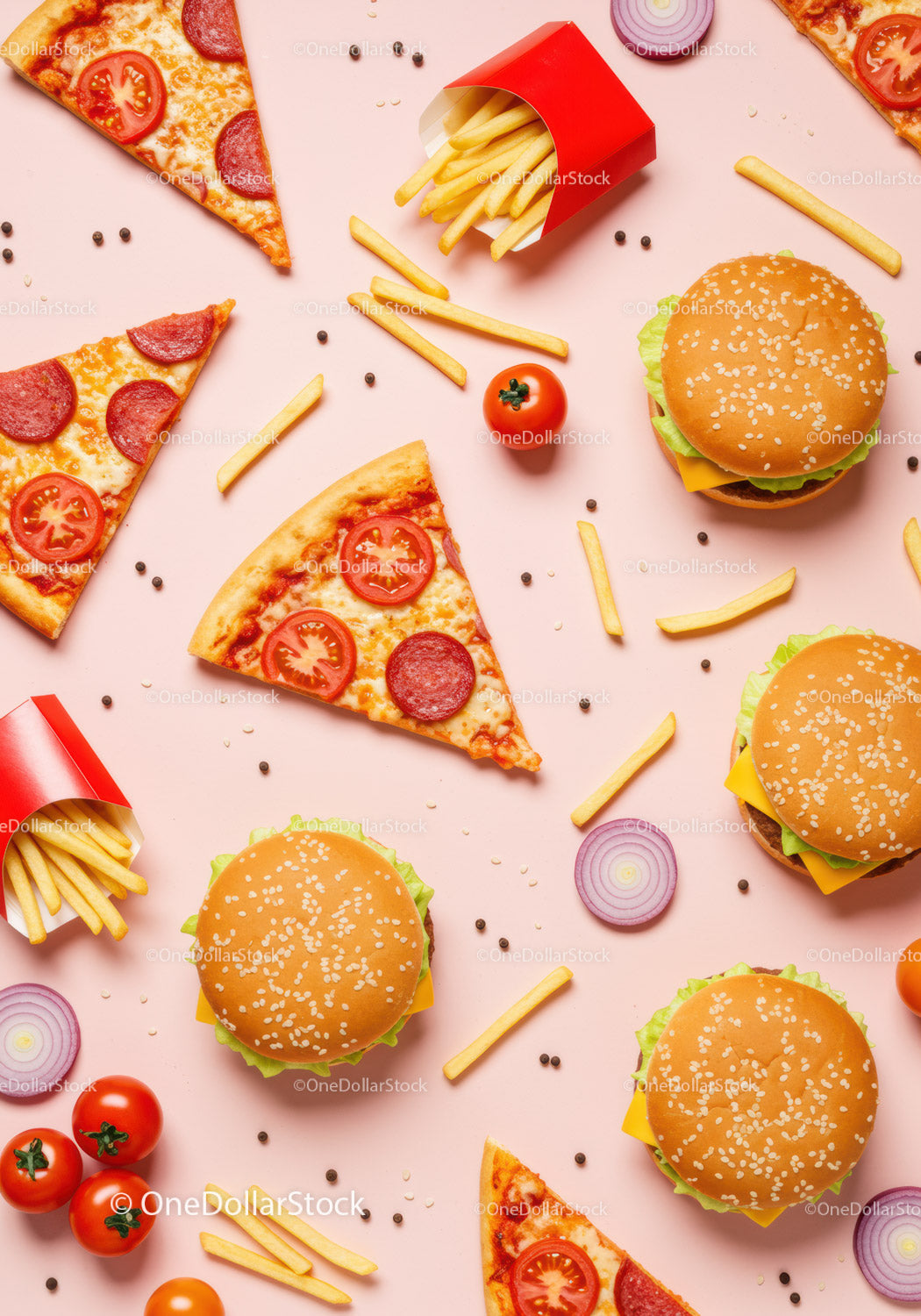 Fast Food Delight with Burgers Pizza and Fries on Pink