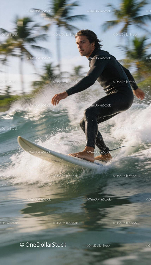 Focused surfer riding a wave near tropical palm trees