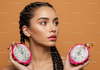 Beautiful Woman Holding Fresh Dragon Fruits on Peach Background