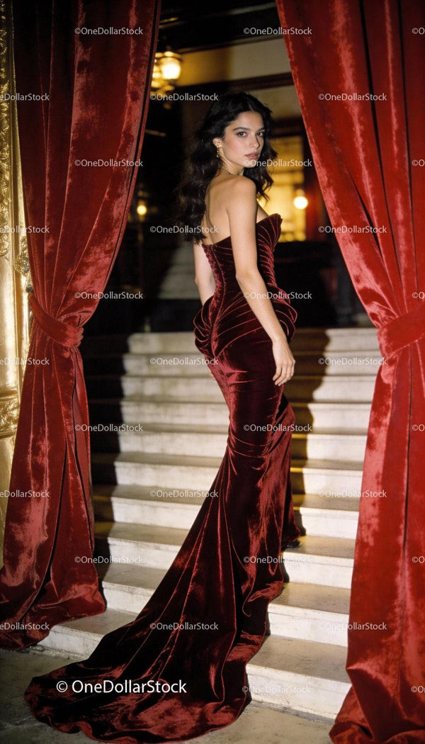 Elegant woman in deep red velvet gown on stairs