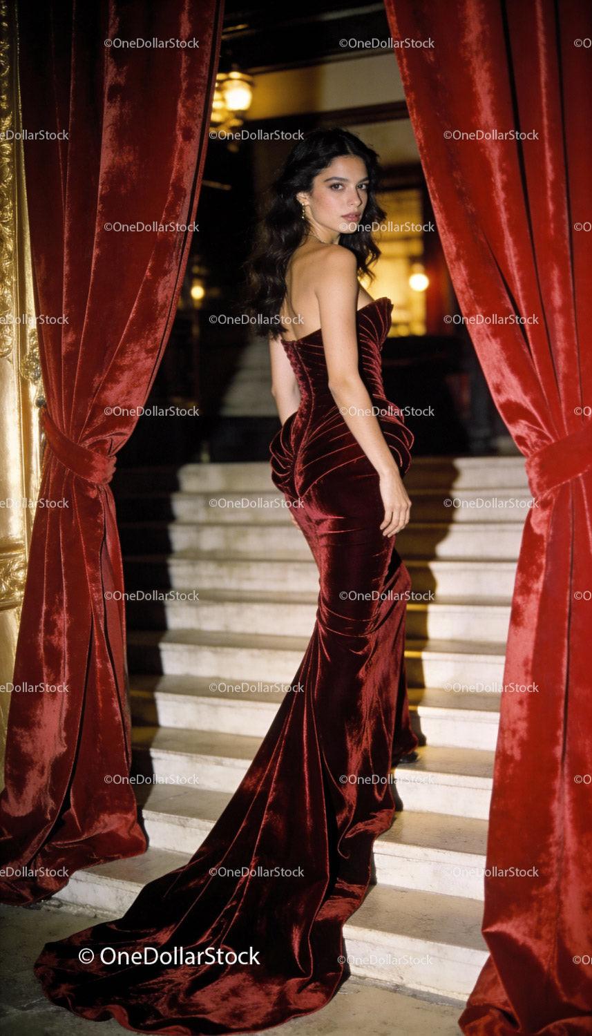 Elegant woman in deep red velvet gown on stairs