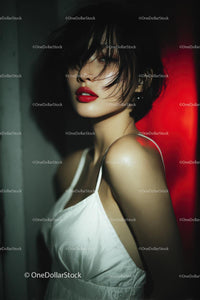 Elegant Woman with Red Lips in Stylish Evening Dress