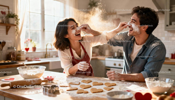 Couple Playfully Baking Heart Cookies in Sunlit Kitchen