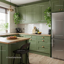 Contemporary Green Kitchen with Wooden Accents and Hanging Plants