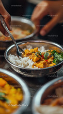 Traditional Indian Curry Served with White Rice in Steel Bowl