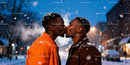 Couple sharing a tender kiss on snowy winter evening