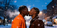 Couple sharing a tender kiss on snowy winter evening