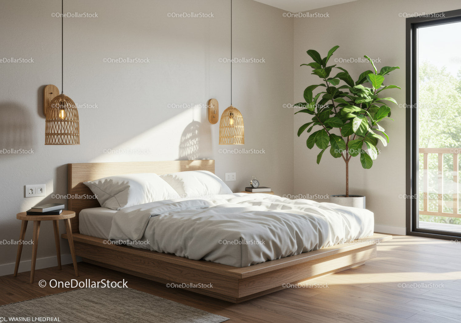 Minimalist bedroom with natural light and green plant