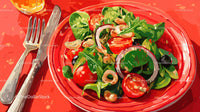 Fresh Vegetable Salad with Cherry Tomatoes and Spinach in Red Bowl