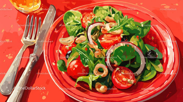 Fresh Vegetable Salad with Cherry Tomatoes and Spinach in Red Bowl