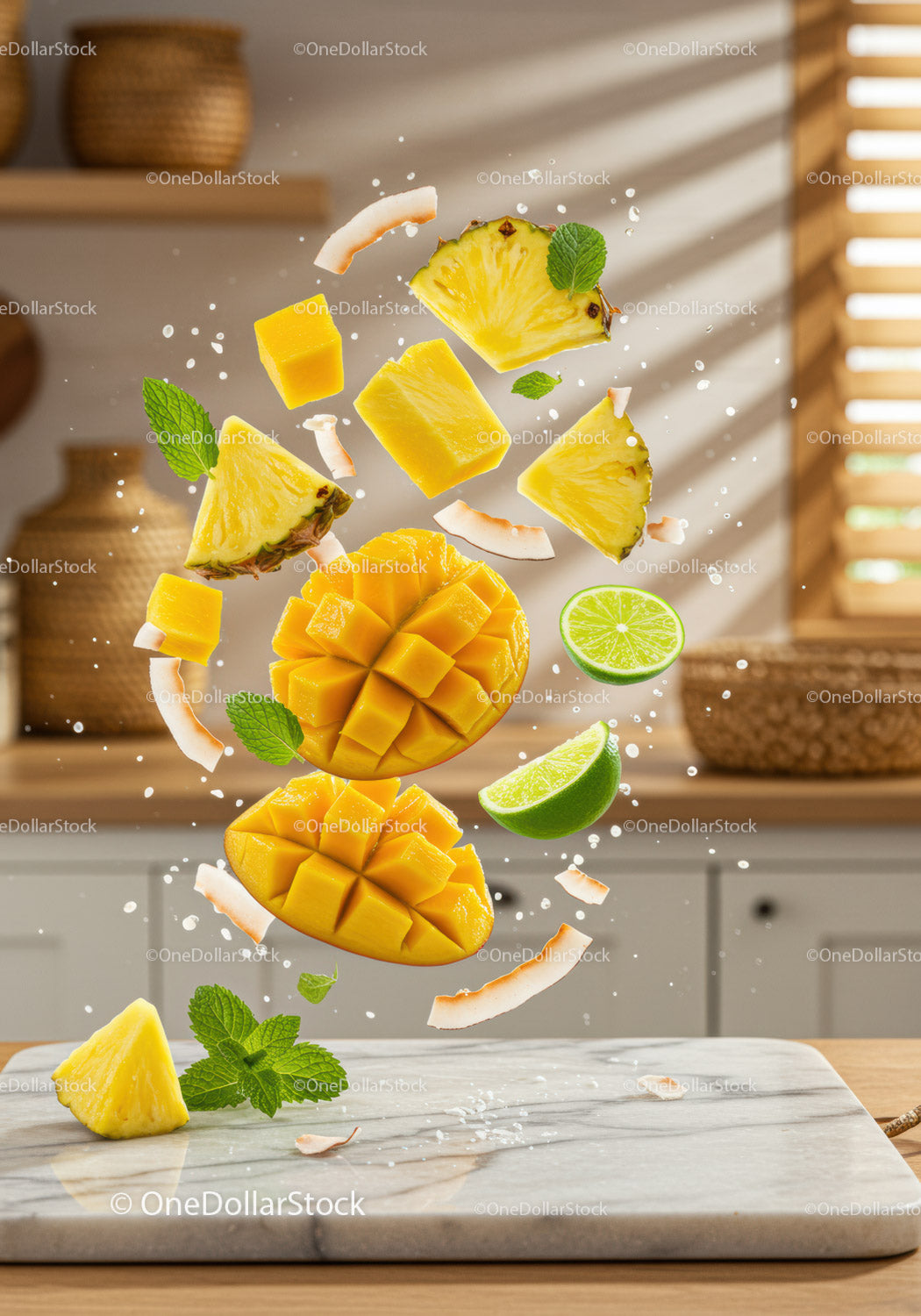 Fresh tropical fruit pieces floating over marble board