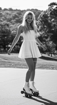 Young woman roller skating in white dress outdoors