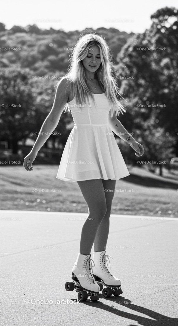 Young woman roller skating in white dress outdoors
