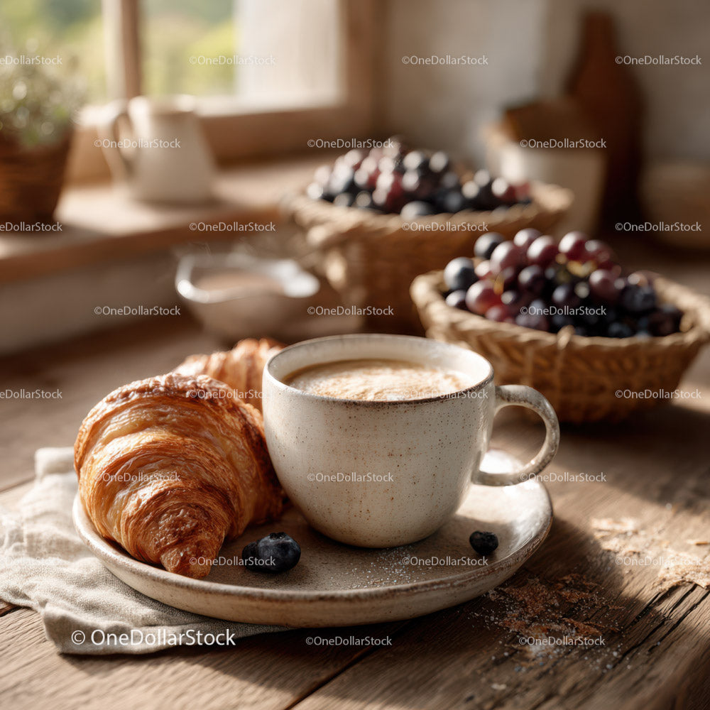 Świeży croissant i kubek kawy na rustykalnym drewnianym stole śniadaniowym