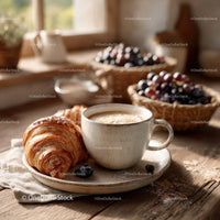Fresh Croissant and Coffee Mug on Rustic Wooden Breakfast Table