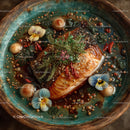 Fresh Salmon with Herbs and Edible Flowers in Gourmet Presentation
