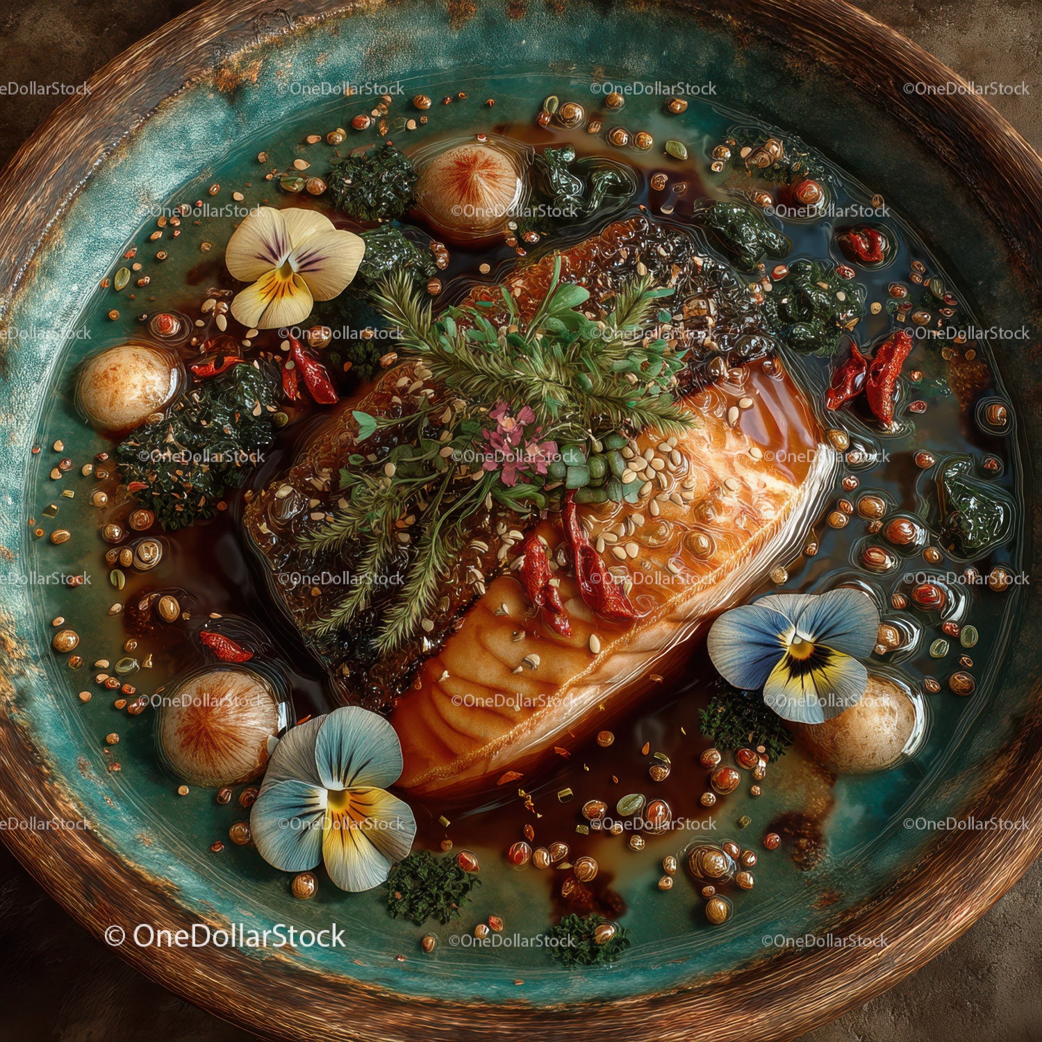 Świeży łosoś z ziołami i jadalnymi kwiatami w prezentacji gourmet