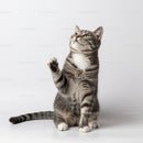 Curious tabby cat raising paw on white background